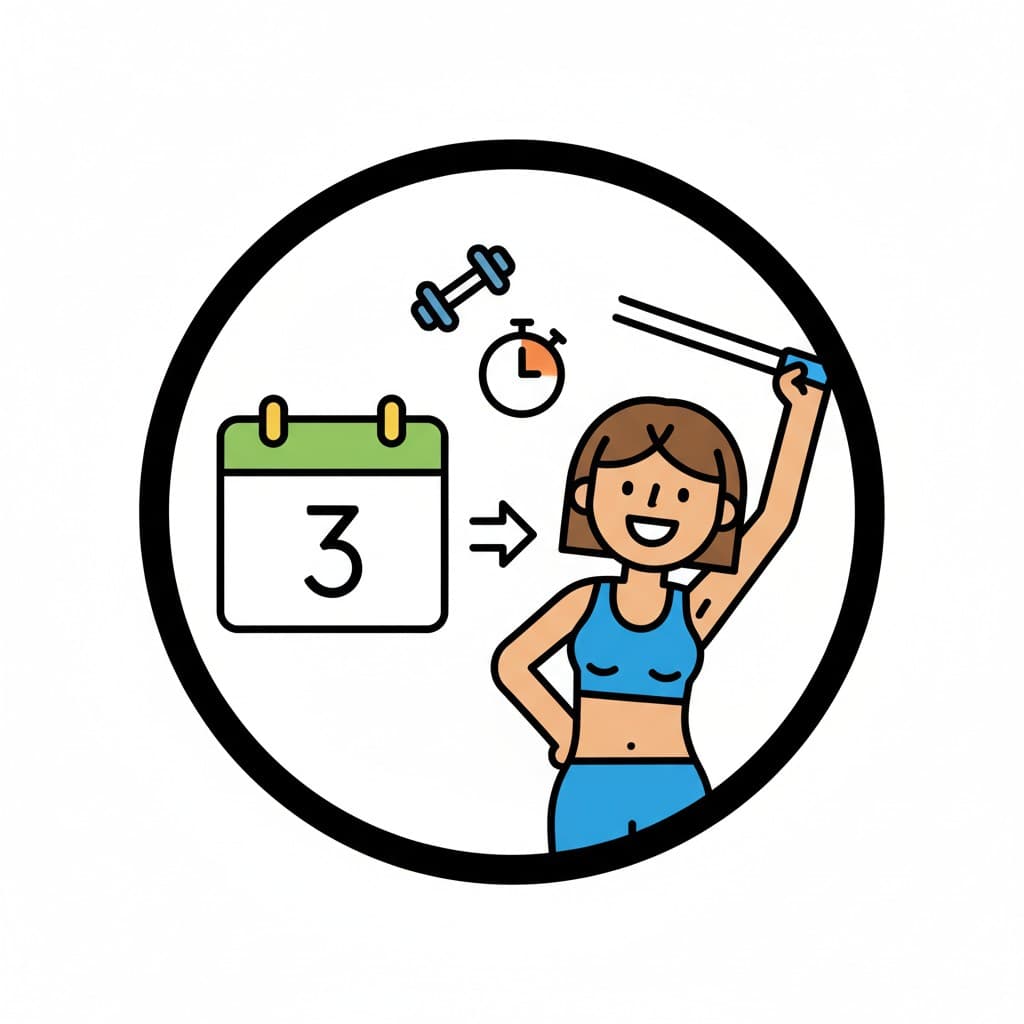Illustration av en kvinna som tränar med ett kalenderblad som visar siffran 3, ett tidtagarur och en hantel, vilket symboliserar onsdagsträning.