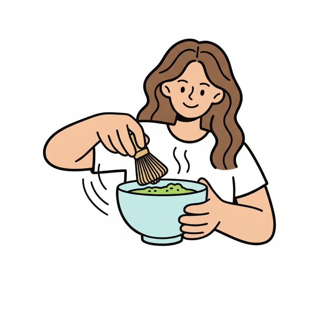 A woman holds a bowl steady and whisks green matcha tea with a bamboo whisk.