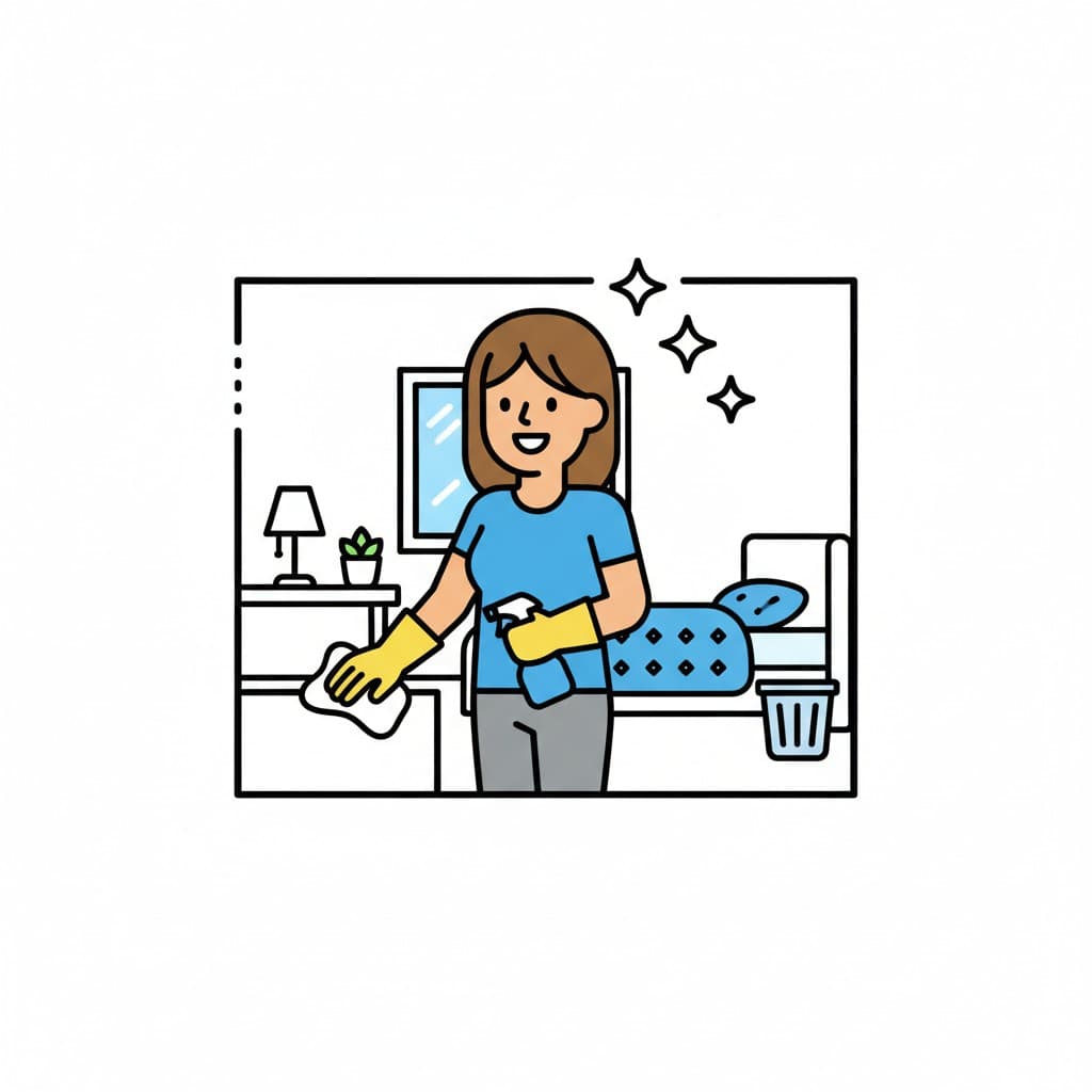 A person wearing gloves is wiping surfaces with a cloth and a spray bottle in a room with a bed and a trash can.