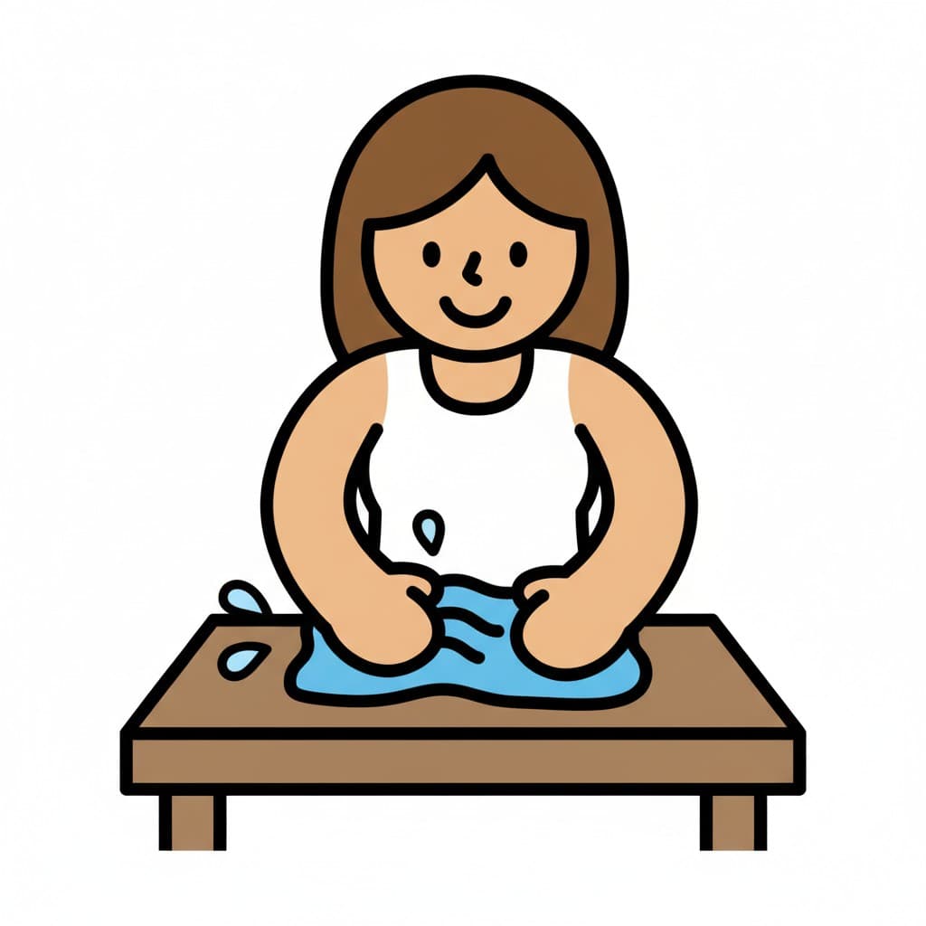 A woman wiping a table with a cloth.