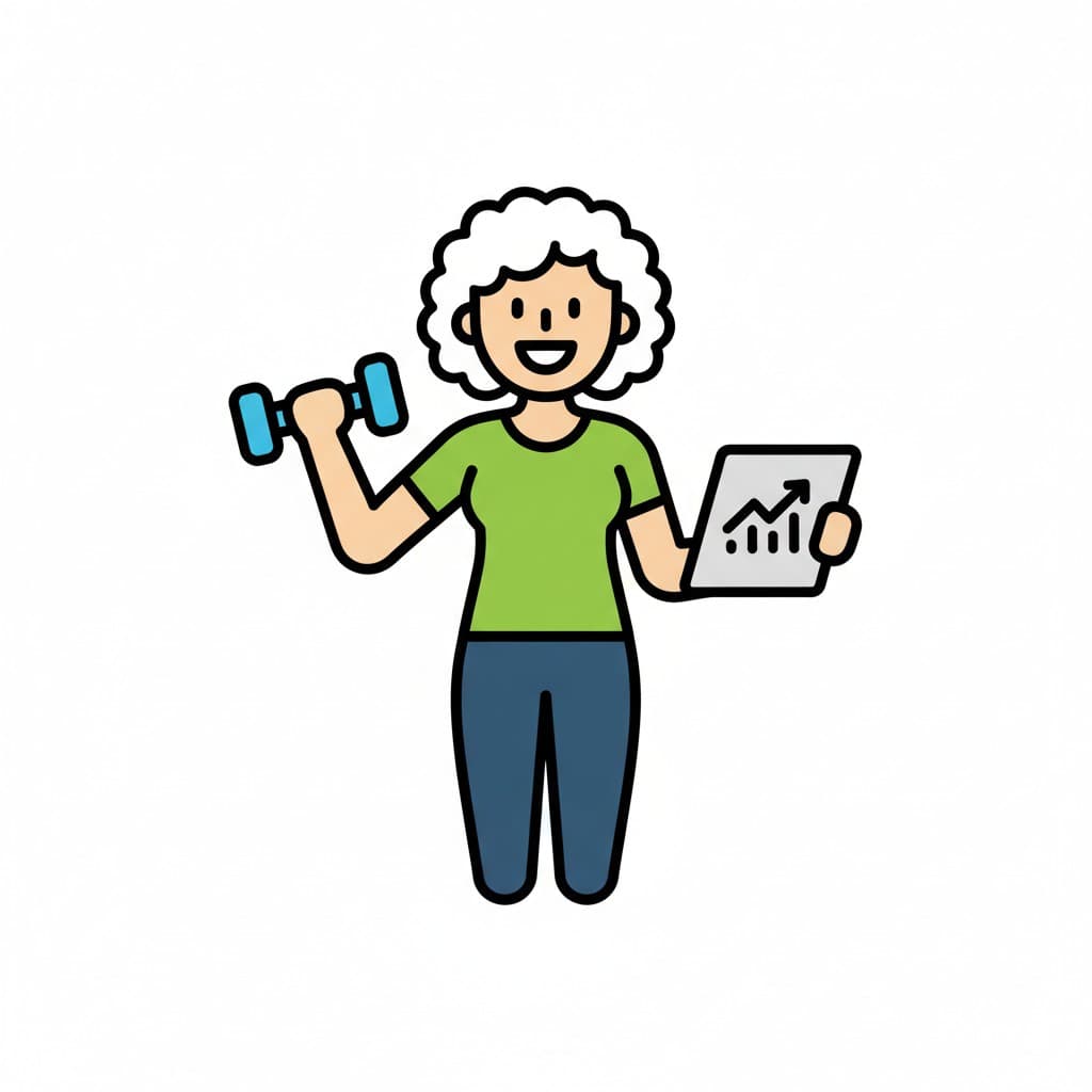 Eine Frau hebt eine Hantel und hält gleichzeitig ein Tablet mit einer Fortschrittskurve.