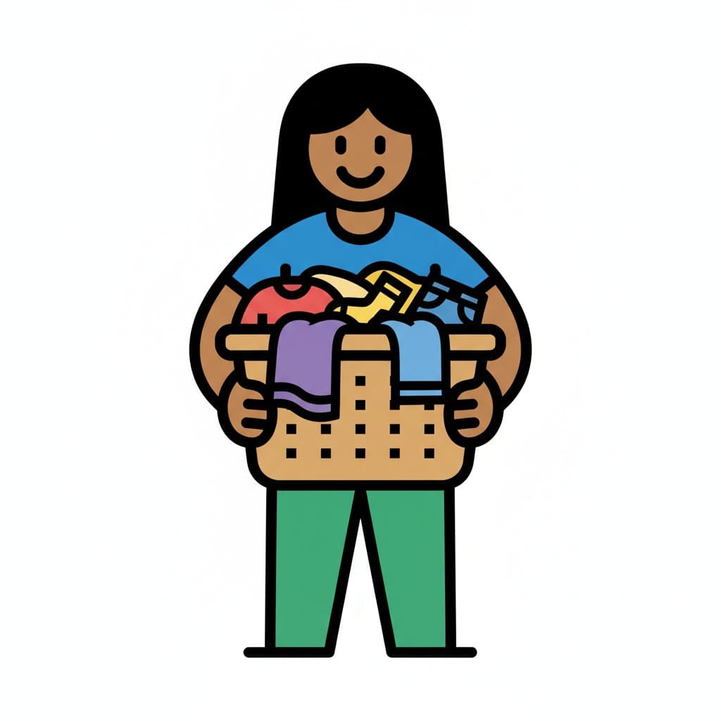 En person holder en vasketøjskurv fyldt med tøj.