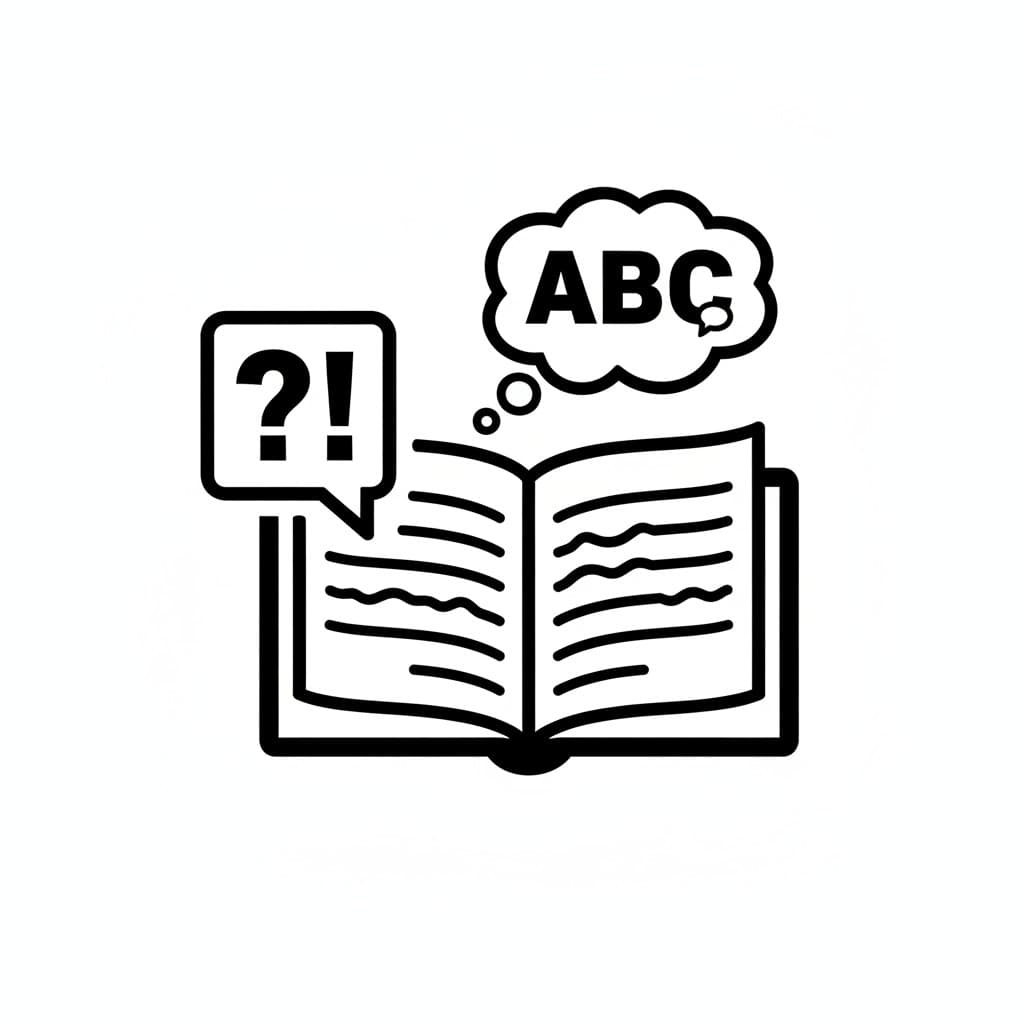 An open book with a thought bubble containing ABC and a speech bubble with ?!