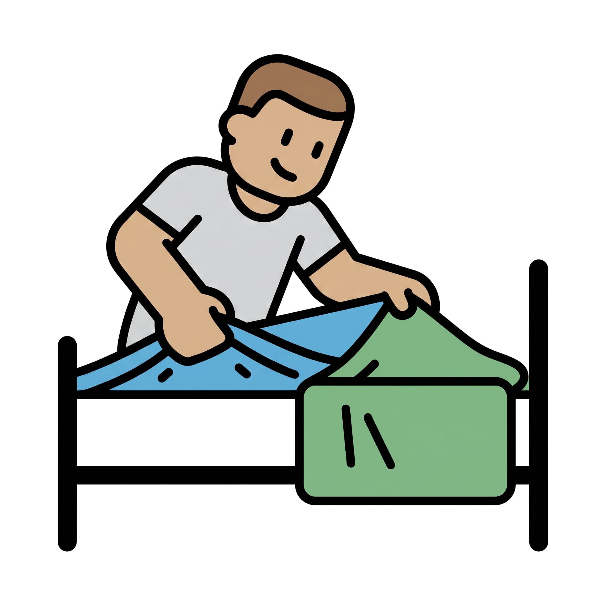 A young man leans over a small bed and tucks a blue sheet into place under a green blanket.