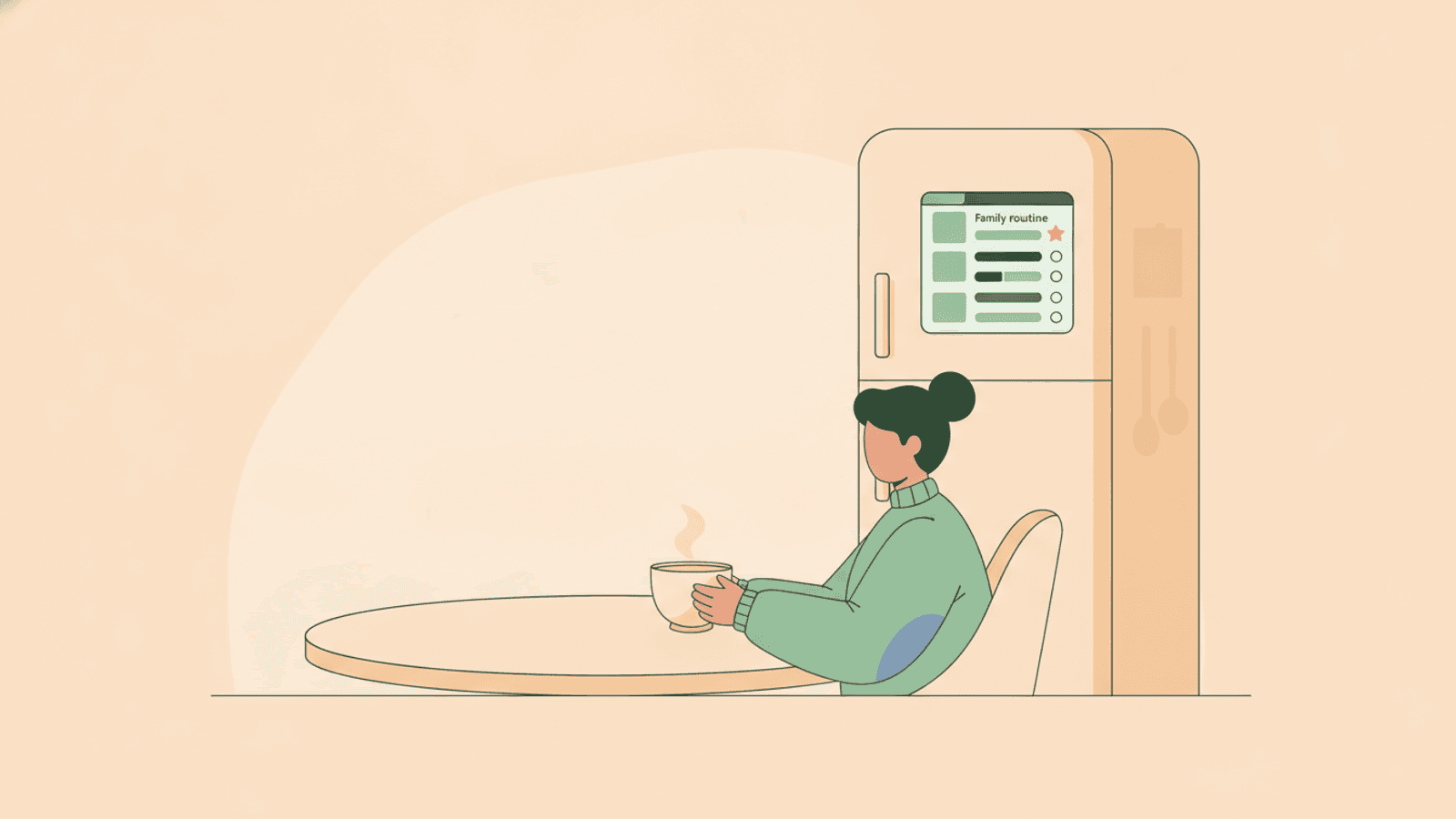 A tired parent taking a quiet moment in the kitchen beside the family routine chart.