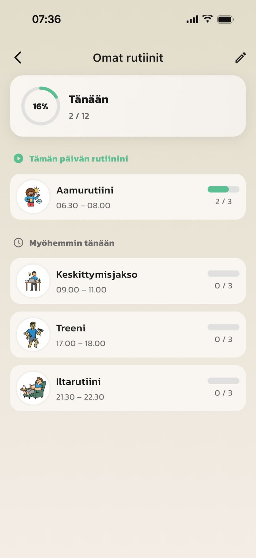 Omat rutiinit Routinedissa: aikuisen päivän omat rutiinit