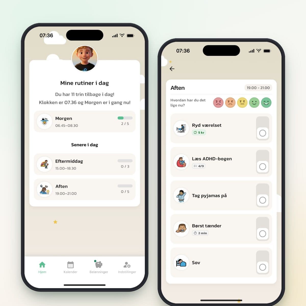 Barnets startside og aftenrutine i Routined på barnets egen telefon
