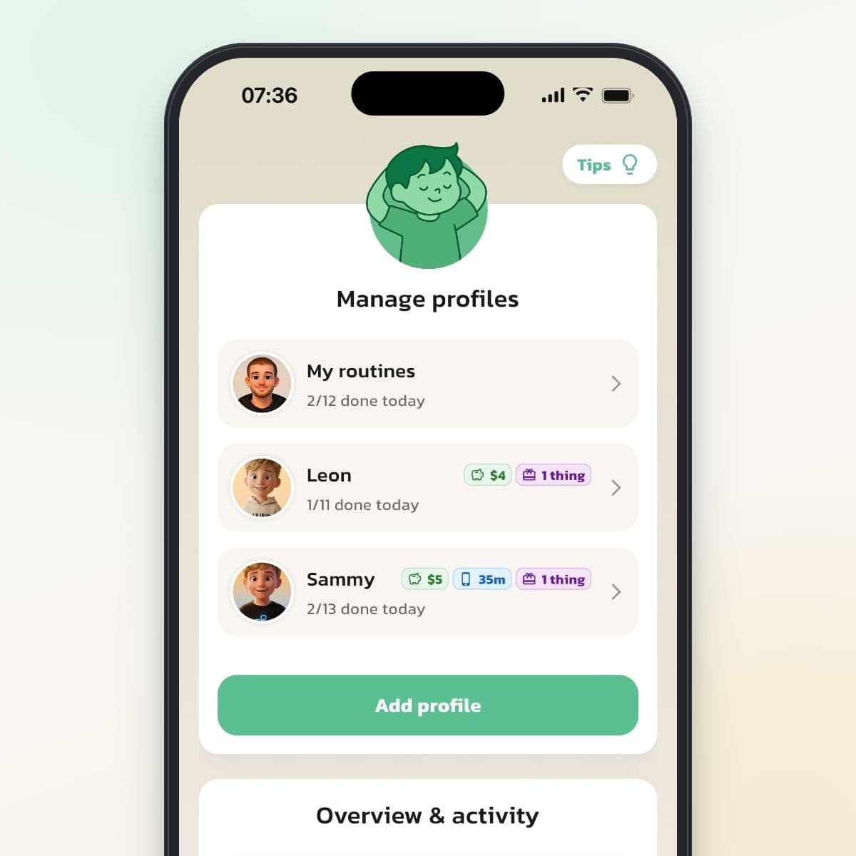 The home screen in Routined with the My routines card above the children's profiles