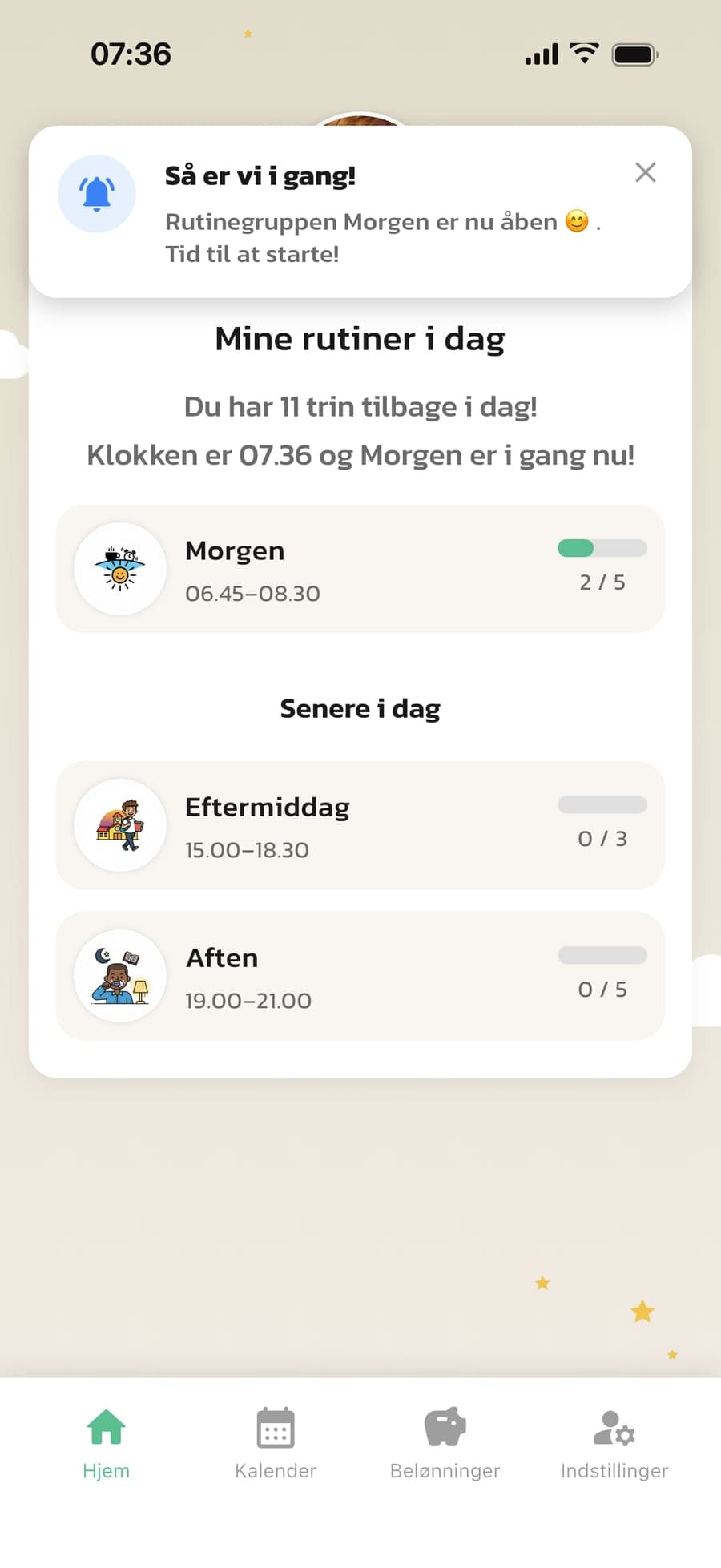 Barnets startside i Routined med notifikationen Så er vi i gang! ved morgenrutinens start