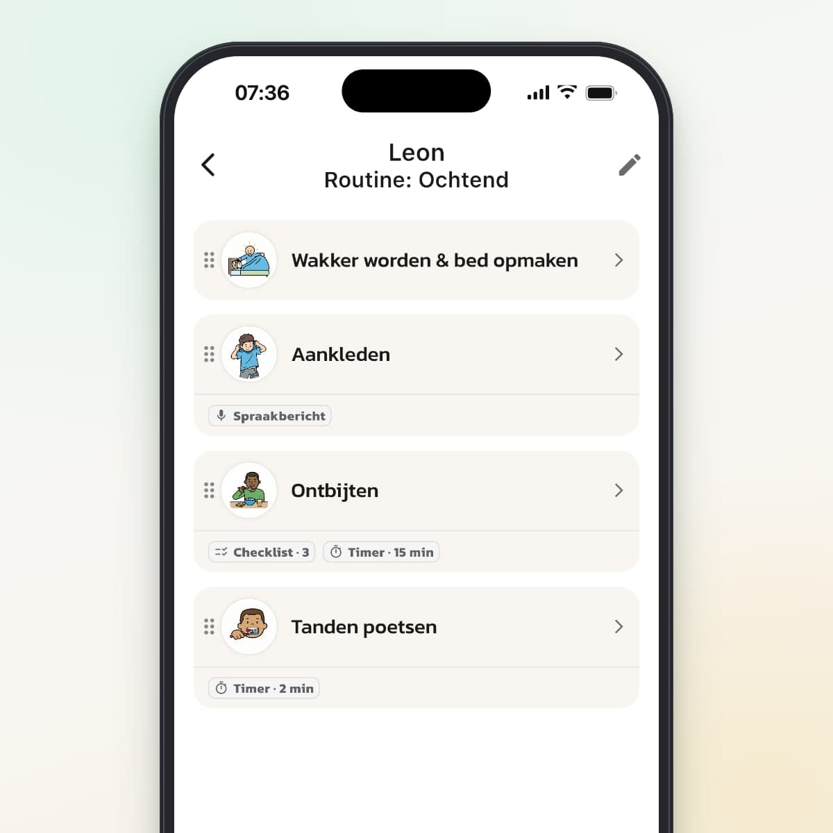 De stappenlijst in Routined waarin de stap Aankleden het label Spraakbericht heeft