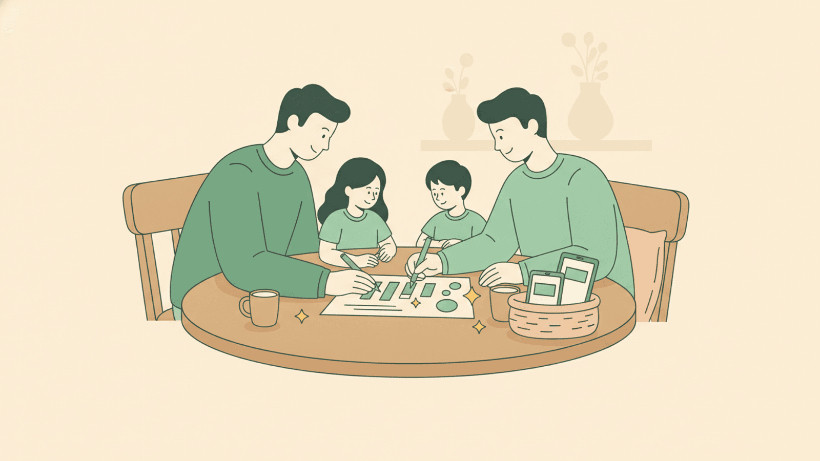 A family at the table with devices set aside, making a simple screen-time plan together