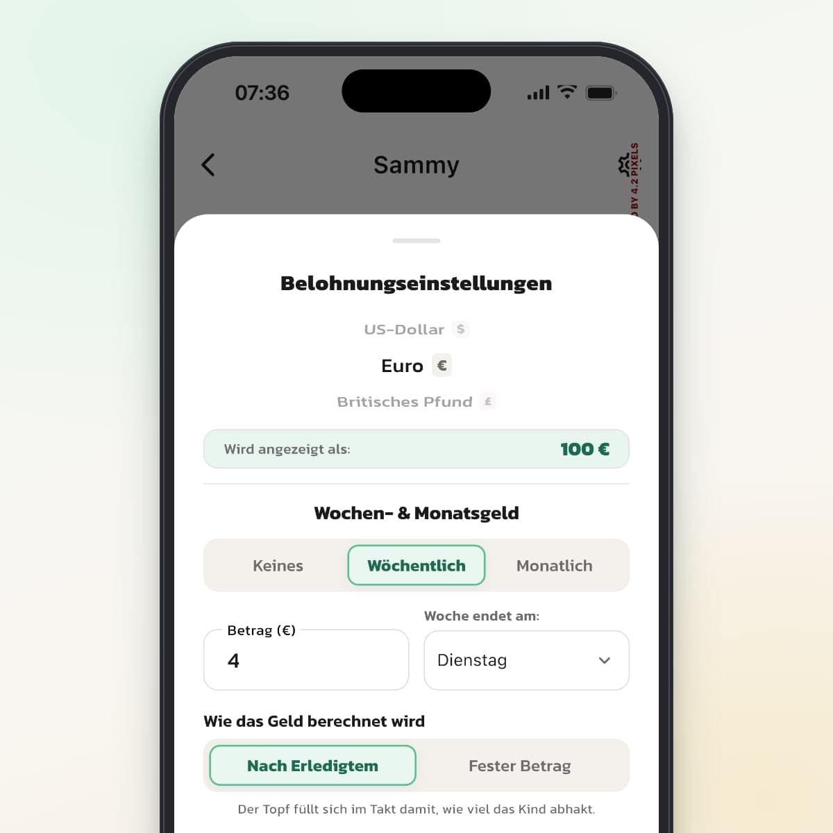 Die Belohnungseinstellungen in Routined mit Währung, Wochengeld von 4 € und der Option Nach Erledigtem