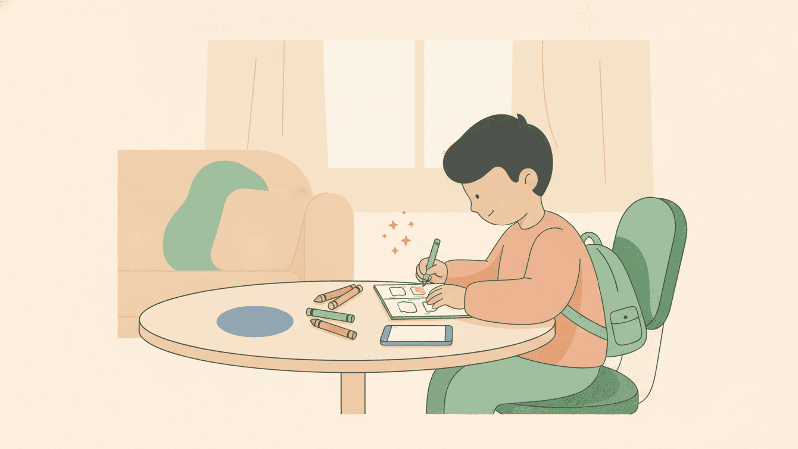 A child drawing in an activity book at a cafe table with a phone face-down nearby