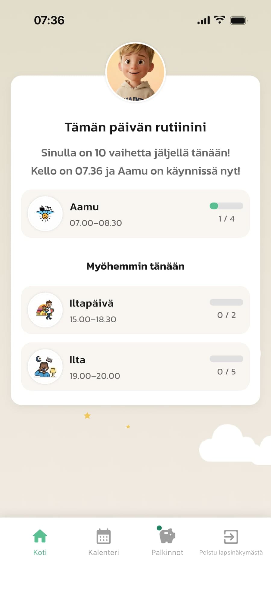 Lapsen aloitusnäyttö Routinedissa vanhemman puhelimessa, avattuna Toimi kuten -toiminnolla