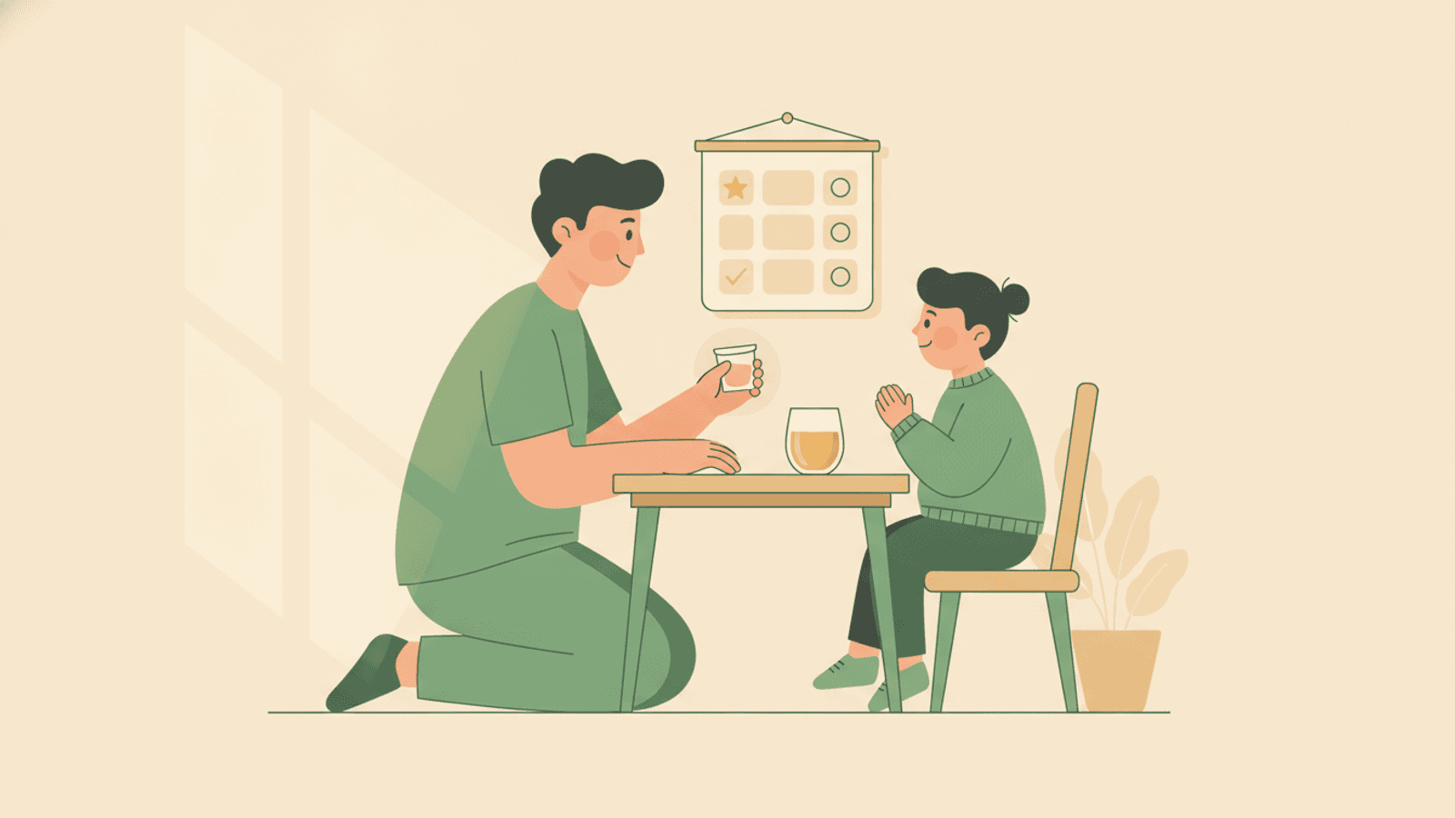 En forælder, der roligt rækker medicin til et tøvende barn ved køkkenbordet, med et glas juice klar og en rutineplan på væggen.