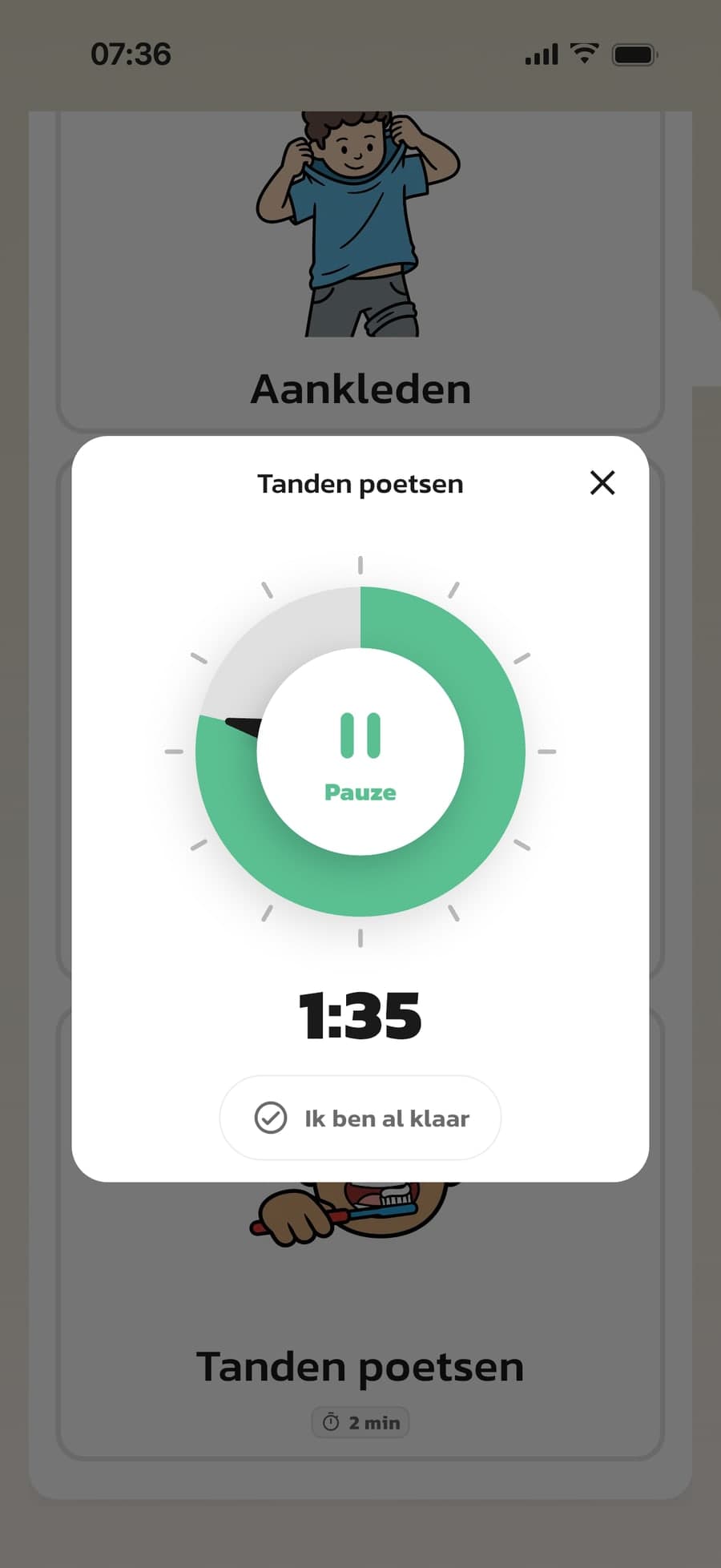 De timer in Routined midden in het aftellen bij de stap Tanden poetsen