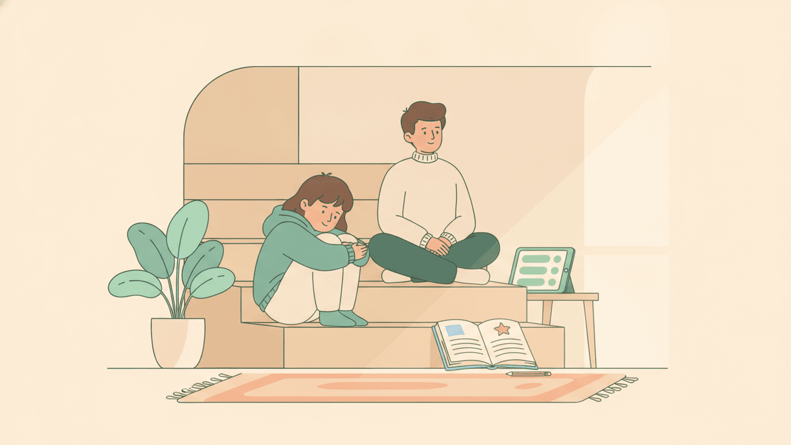 A child sitting curled up on the stairs while a parent sits a few steps away, giving quiet space.