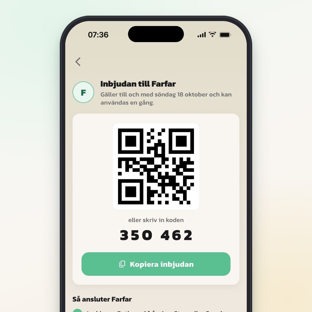 Inbjudan till en tillfällig hjälpare i Rutinerad med kod, QR-kod och Kopiera inbjudan