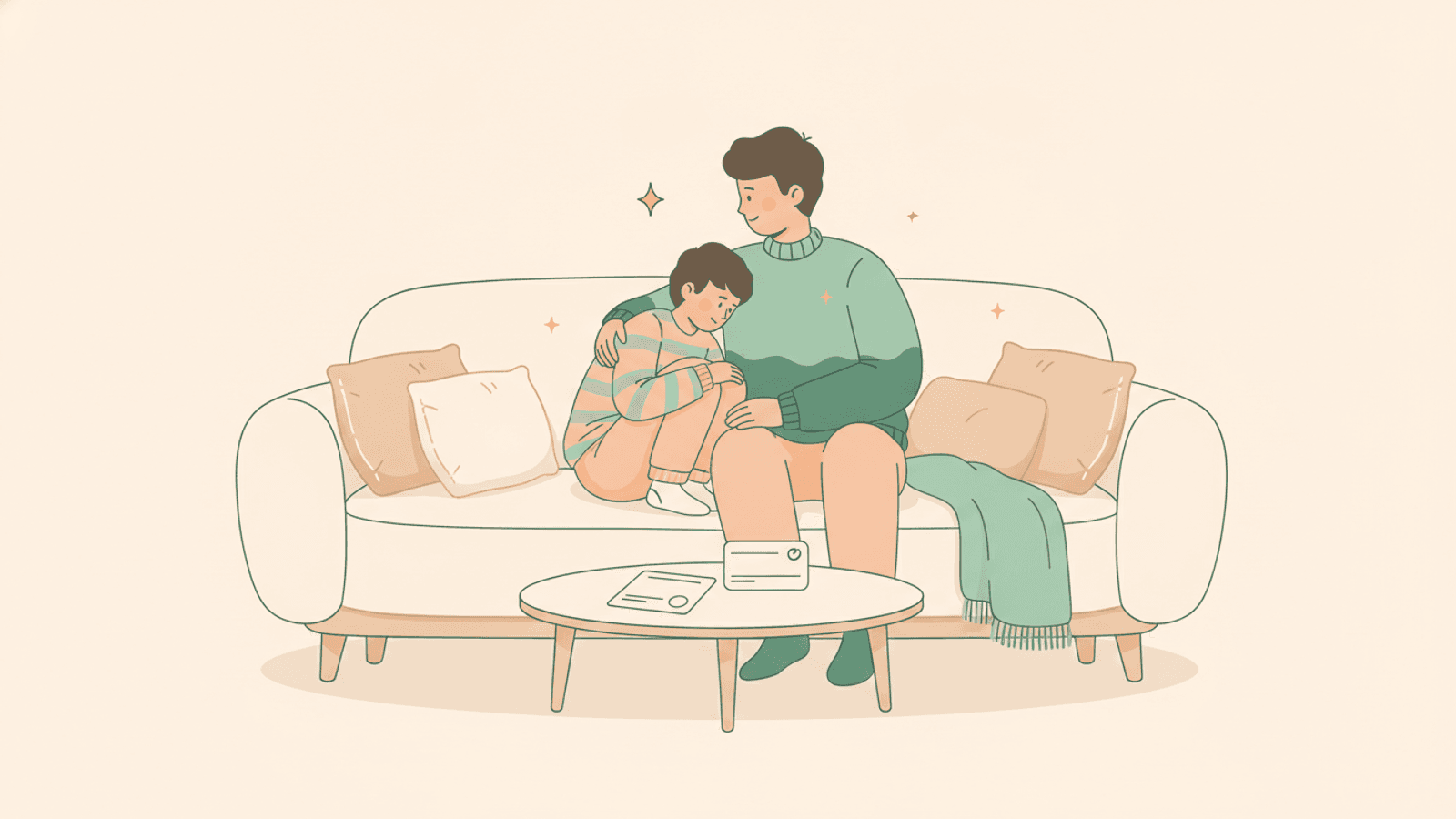 A parent sitting close beside a worried-looking child on a cosy sofa, offering calm reassurance in soft warm light.