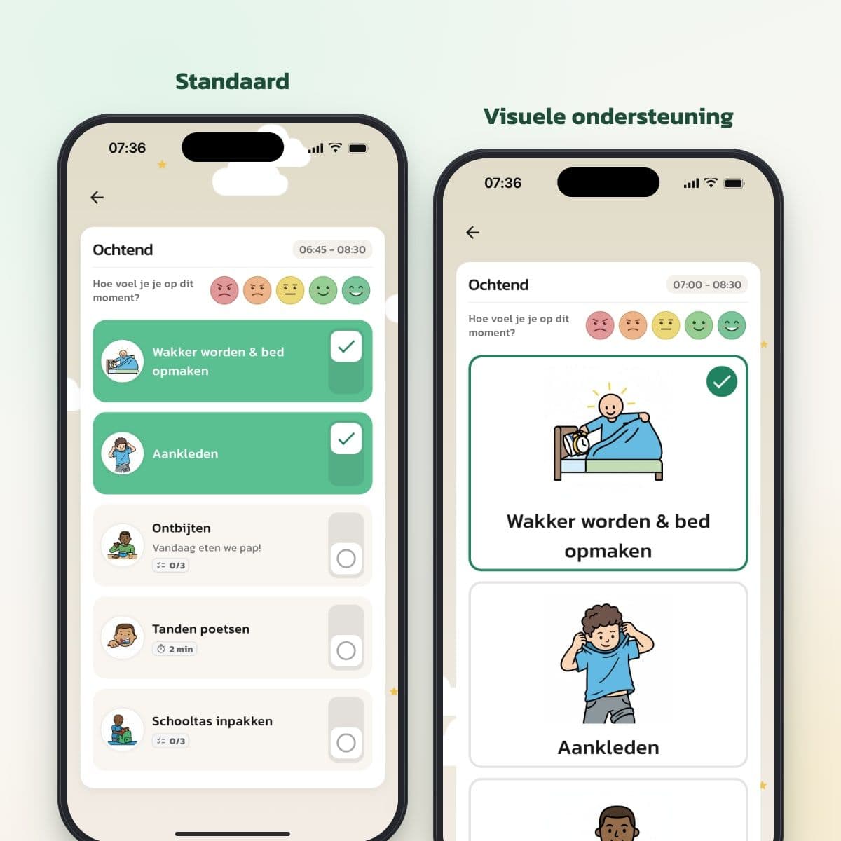 De ochtendroutines van twee broers naast elkaar, een in Standaard en een in Visuele ondersteuning