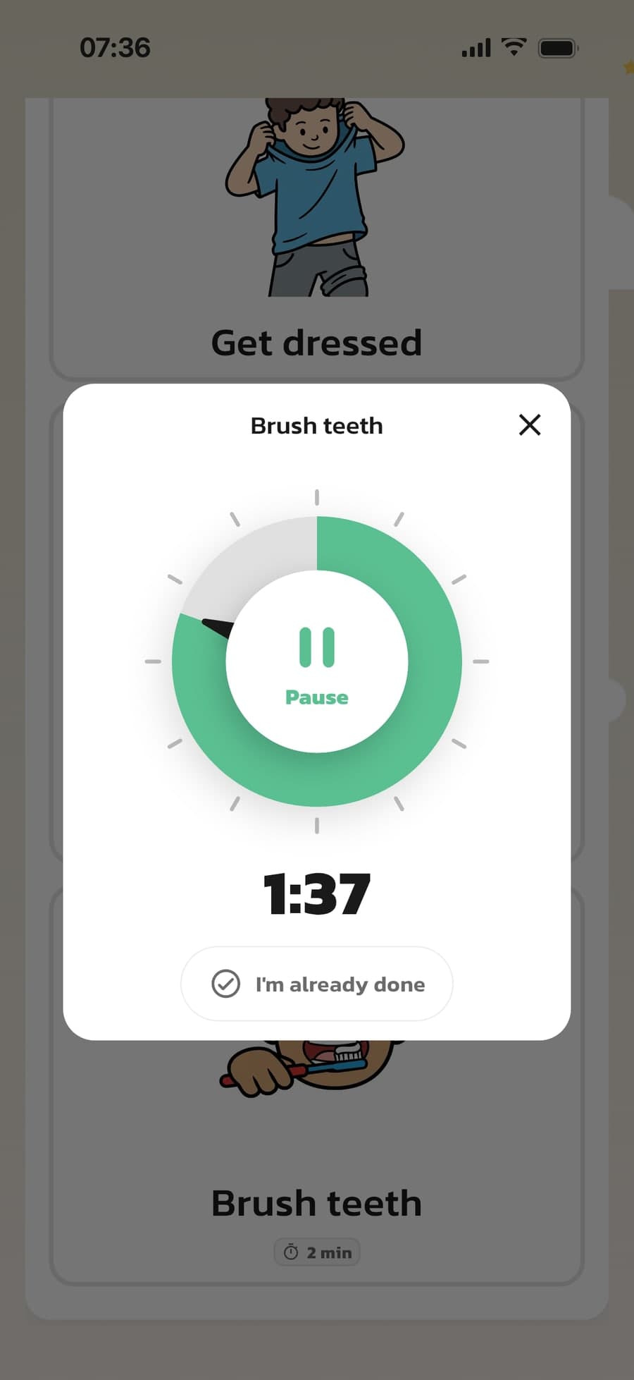 The timer in Routined mid-countdown for the Brush teeth step