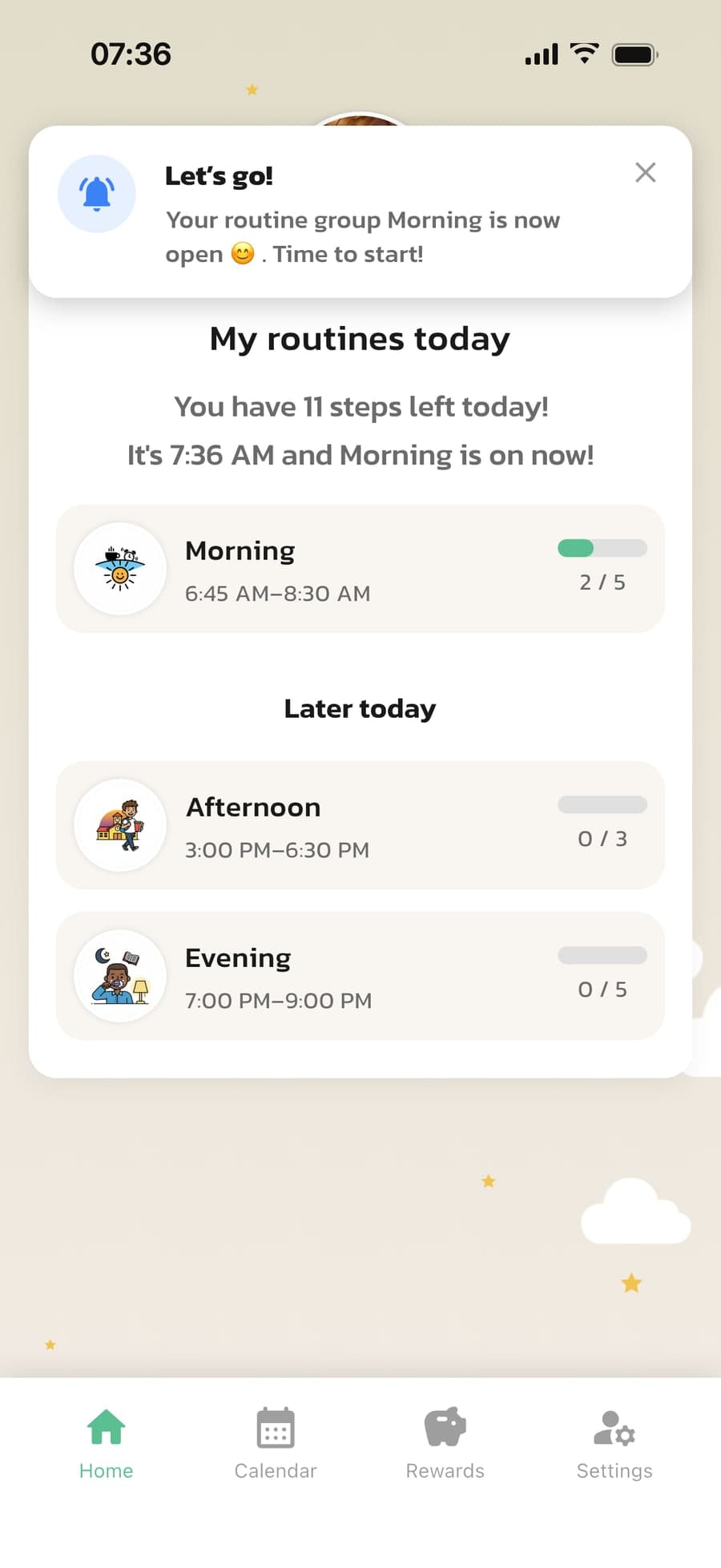 The child's home screen in Routined with the Let's go! notification as the Morning routine starts