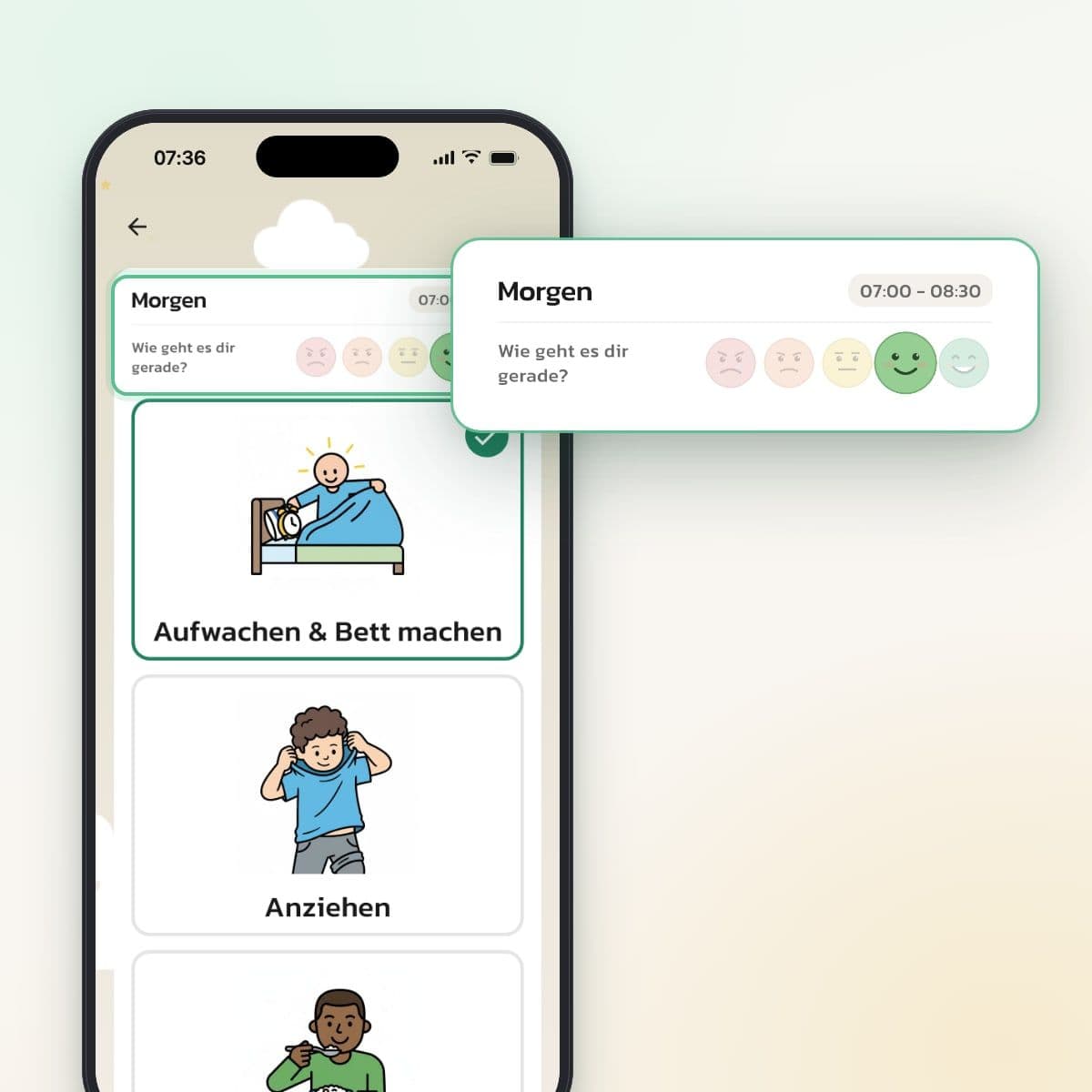 Die Morgenroutine des Kindes mit der Stimmungsfrage Wie geht es dir gerade? auf dem Handy eines Elternteils