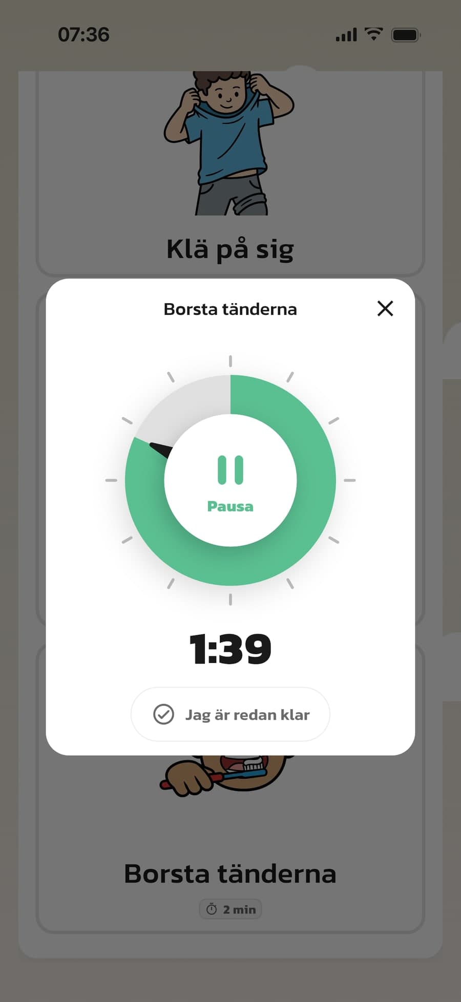Timern i Rutinerad mitt i nedräkningen för steget Borsta tänderna