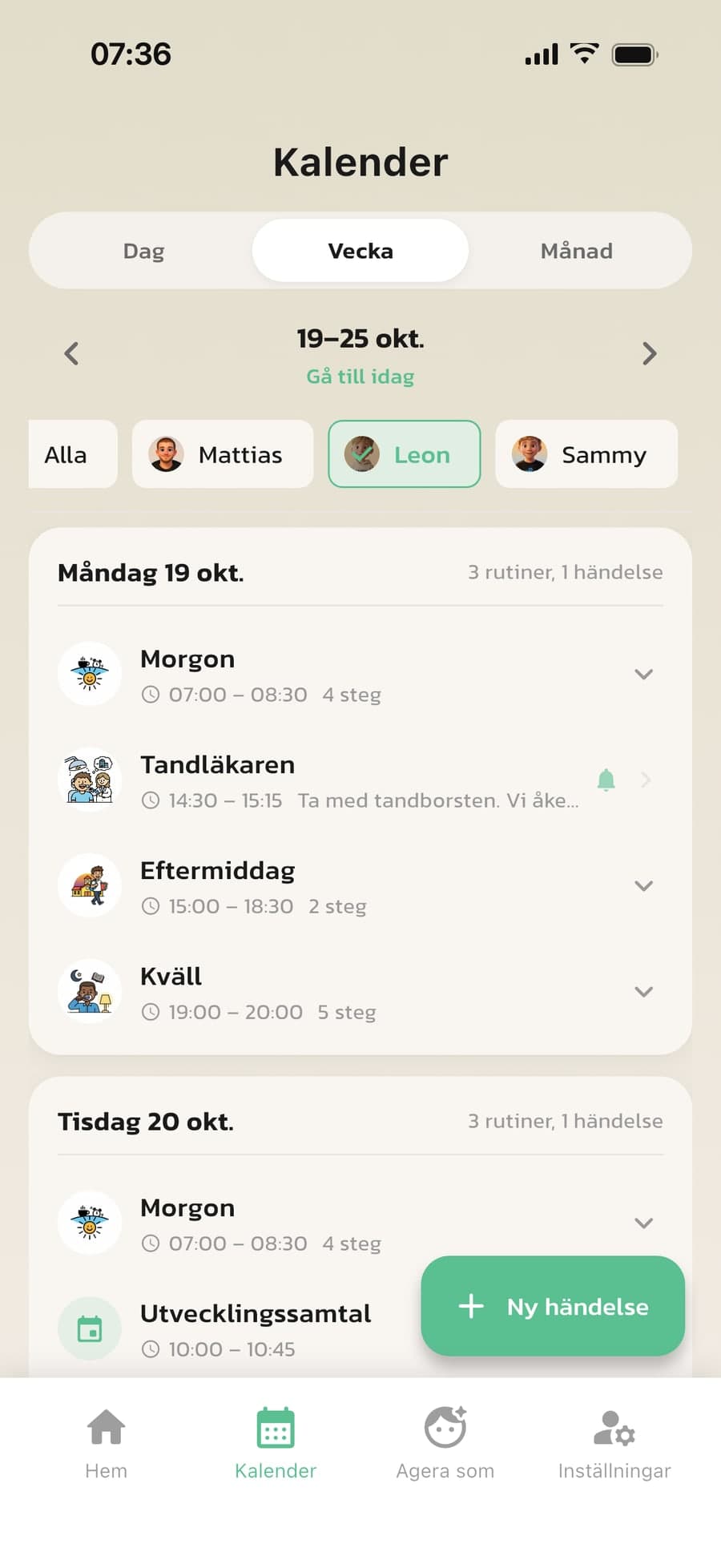 Kalendern i Rutinerad med barnets rutiner och ett tandläkarbesök
