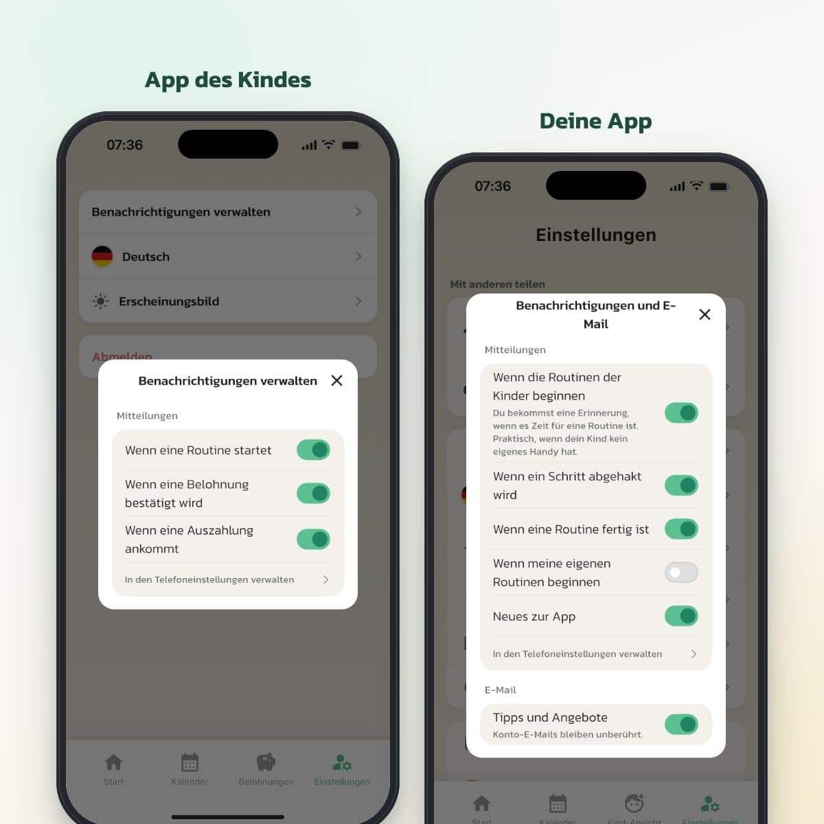 Benachrichtigungen verwalten auf dem Gerät des Kindes und Benachrichtigungen und E-Mail in der App der Eltern in Routined