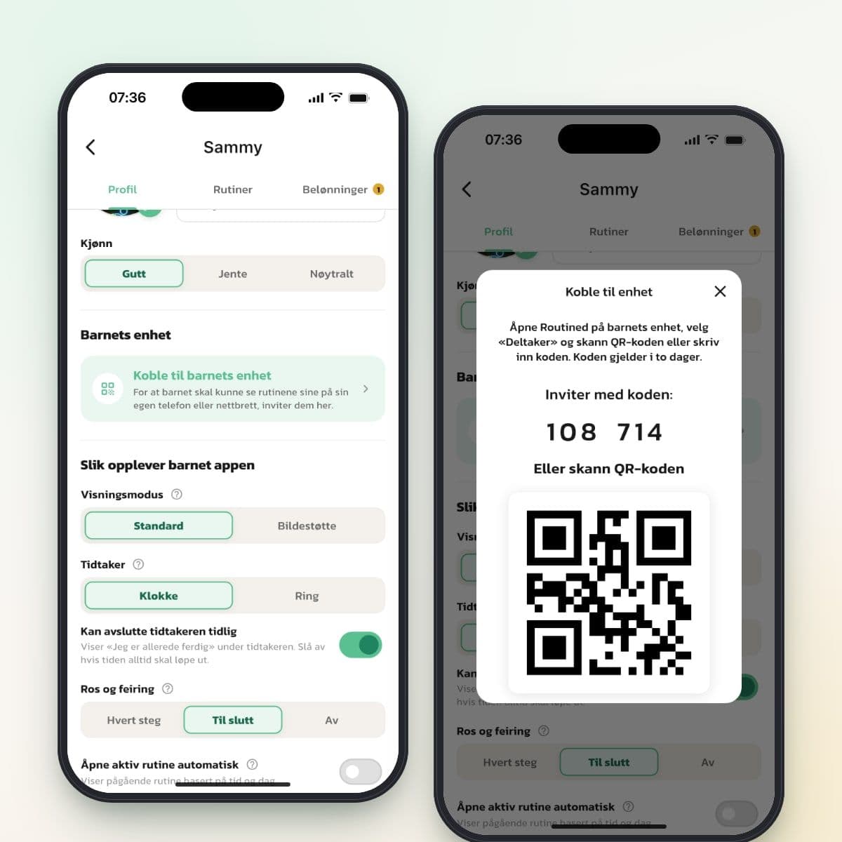 Barnets profil i Routined med Koble til barnets enhet, og dialogen Koble til enhet med kode og QR-kode