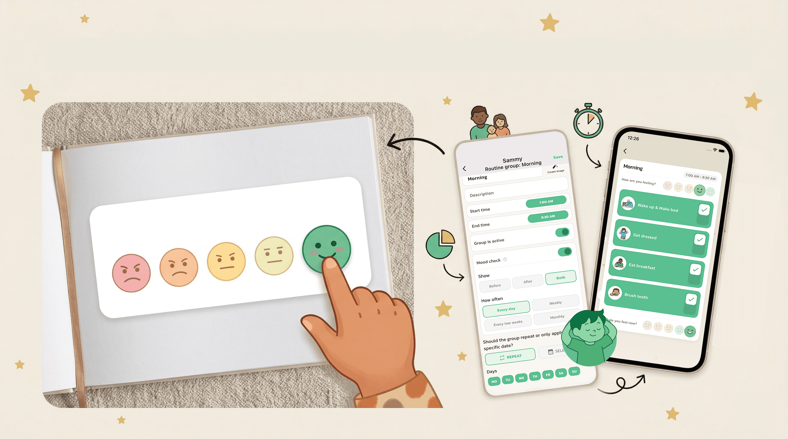 Barn vælger humør med fem emojis i Routined Humørtjek-funktion