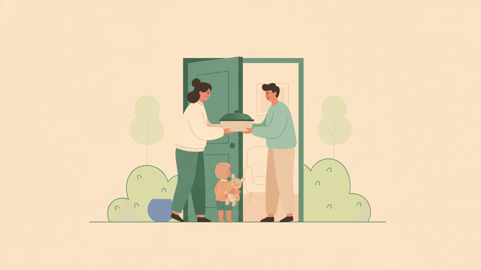 A neighbour handing over a dish of food at the front door while a parent and child stand in the doorway.
