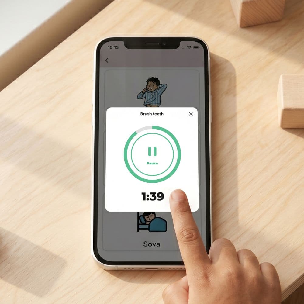 Child's finger pressing the button in Routined's timer