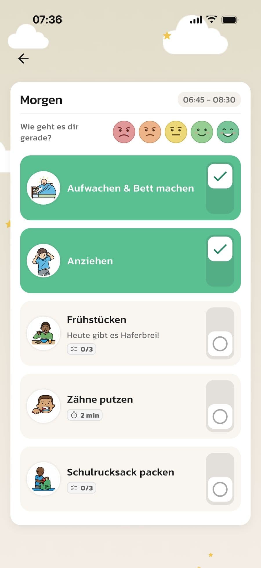 Eine Morgenroutine im Anzeigemodus Standard in Routined