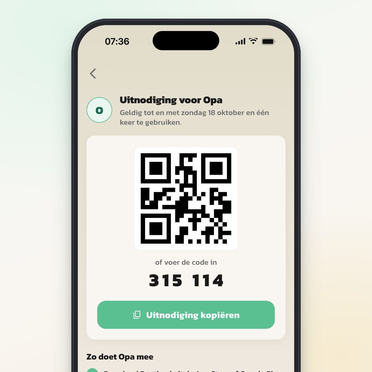 Uitnodiging voor een tijdelijke helper in Routined met code, QR-code en Uitnodiging kopiëren