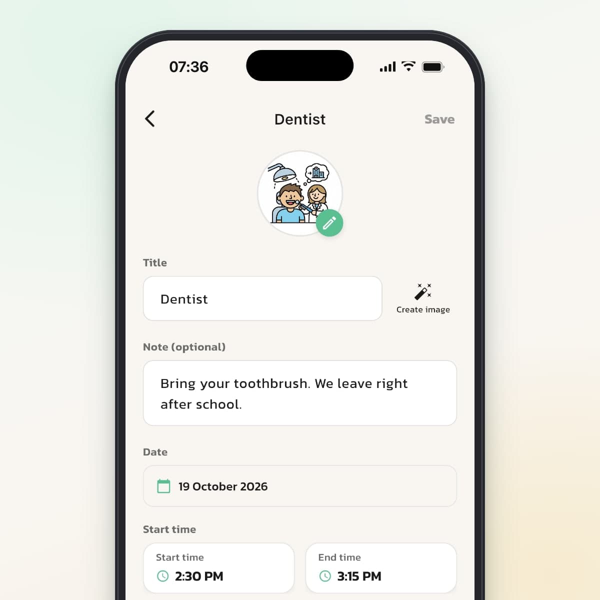 The Dentist event in Routined with a picture, note, date and time