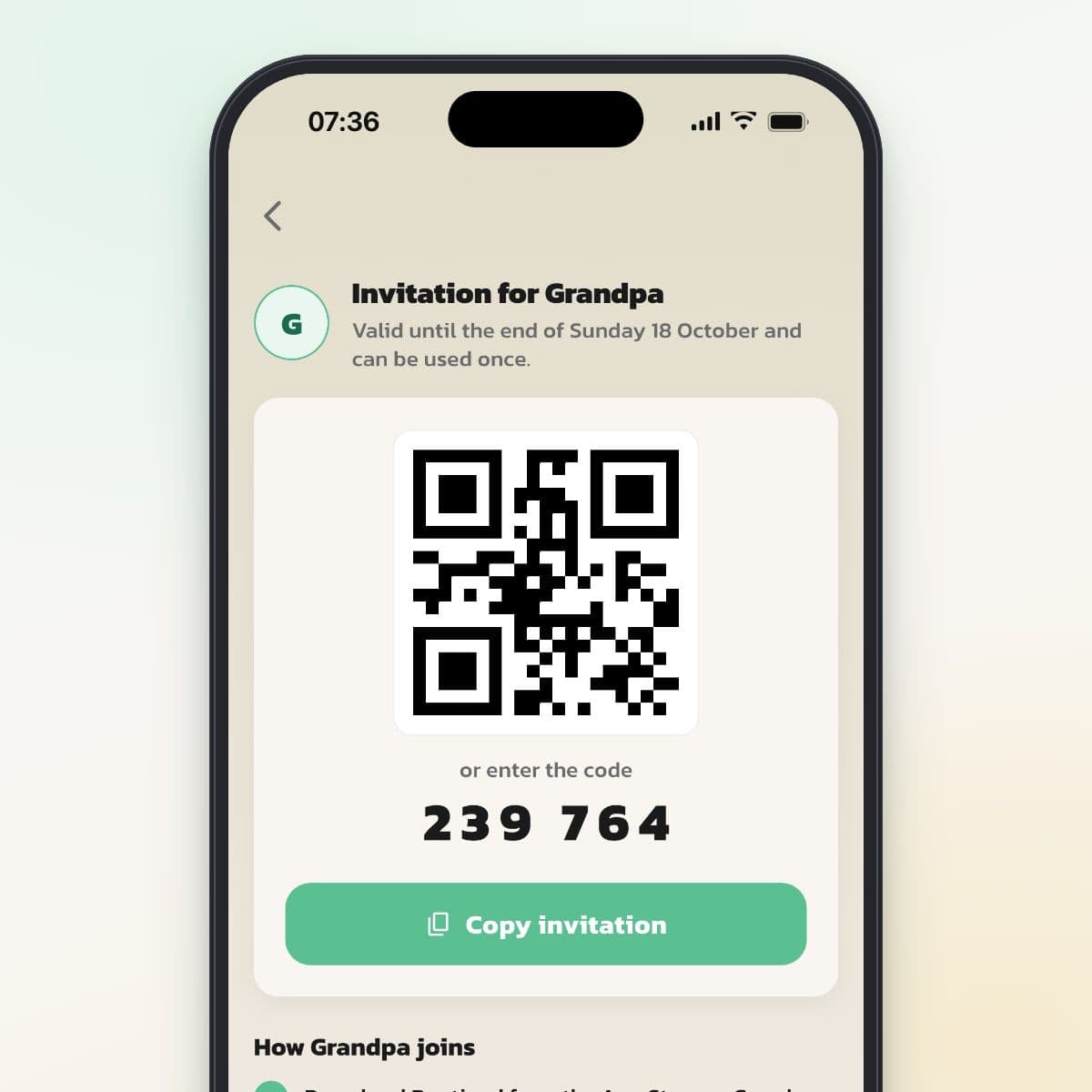 An invitation for a temporary helper in Routined with a code, a QR code and Copy invitation