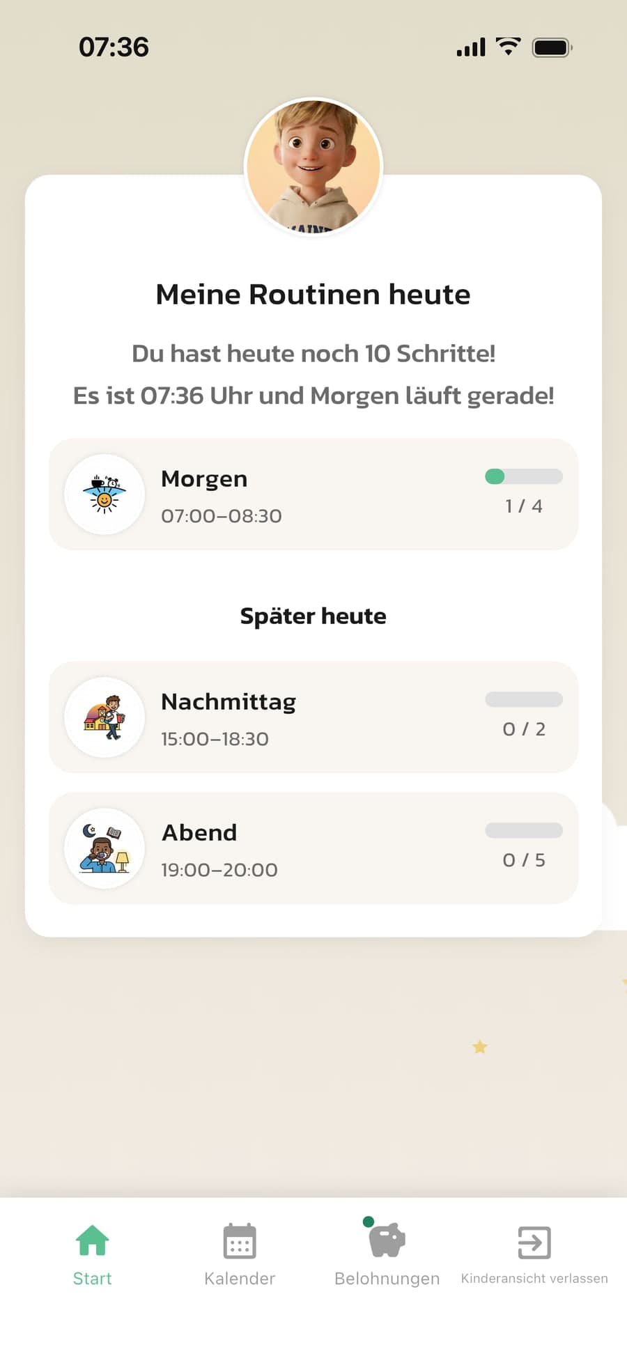 Die Startseite des Kindes in Routined, geöffnet über die Kind-Ansicht auf dem Handy eines Elternteils