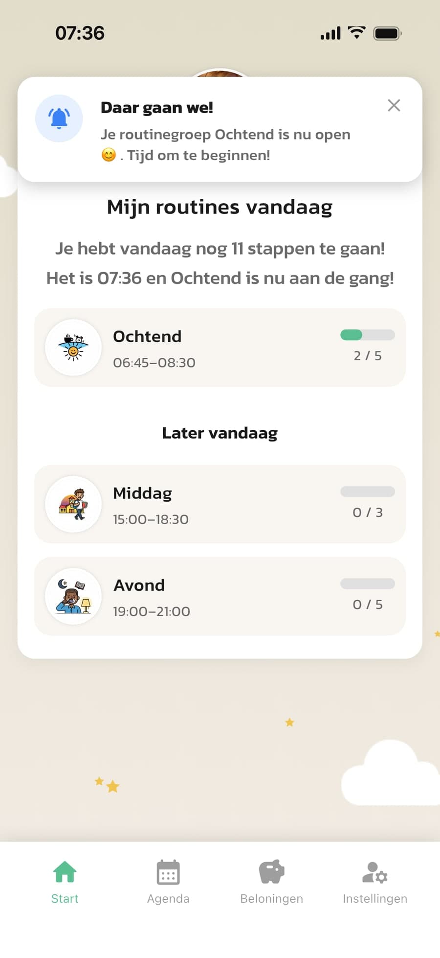 Het startscherm van het kind in Routined met de melding Daar gaan we! als de ochtendroutine begint