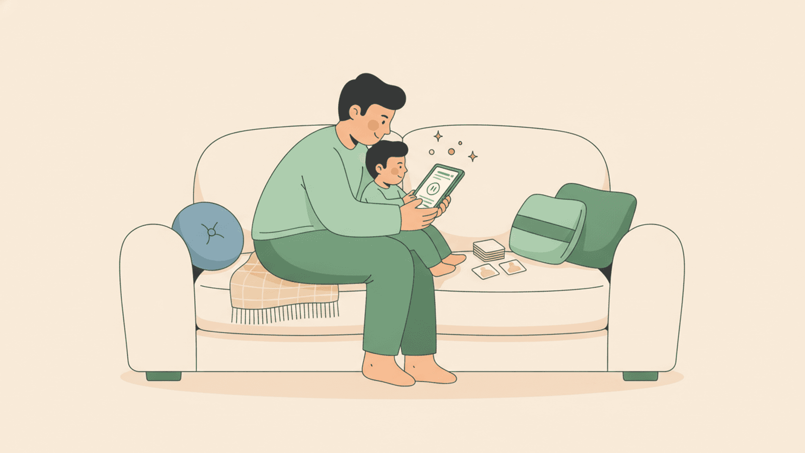 A parent and child watching a tablet together on the sofa with autoplay paused