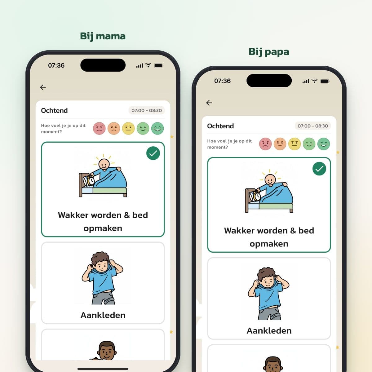 Dezelfde ochtendroutine met visuele ondersteuning op twee telefoons, bij mama en bij papa