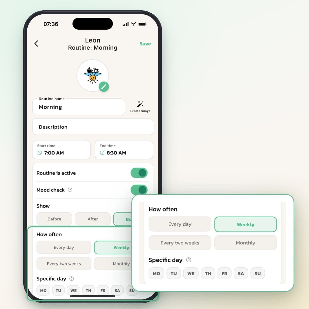 The How often setting with Weekly selected and the Specific day option