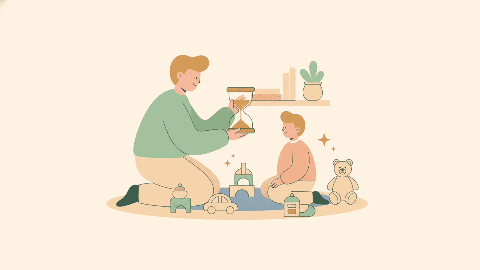 Ein Elternteil zeigt einem kleinen Kind sanft eine Sanduhr, während das Kind mit Spielzeug auf dem Boden spielt.