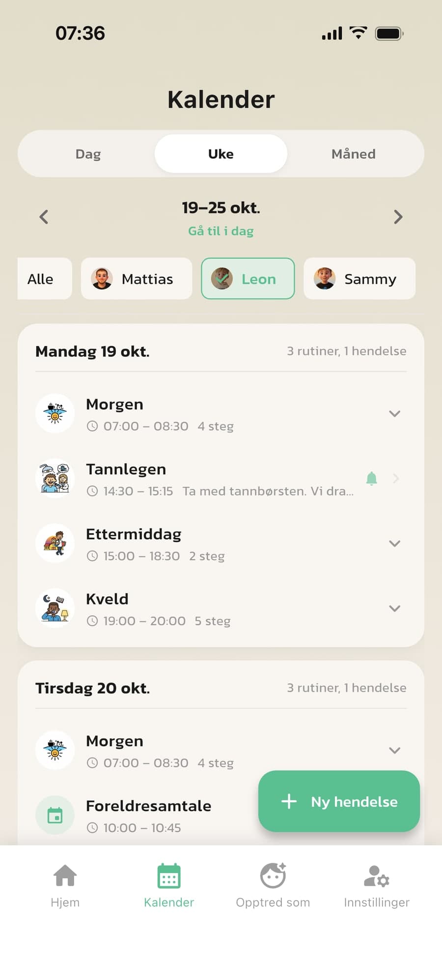 Kalenderen i Routined med barnets rutiner og et tannlegebesøk