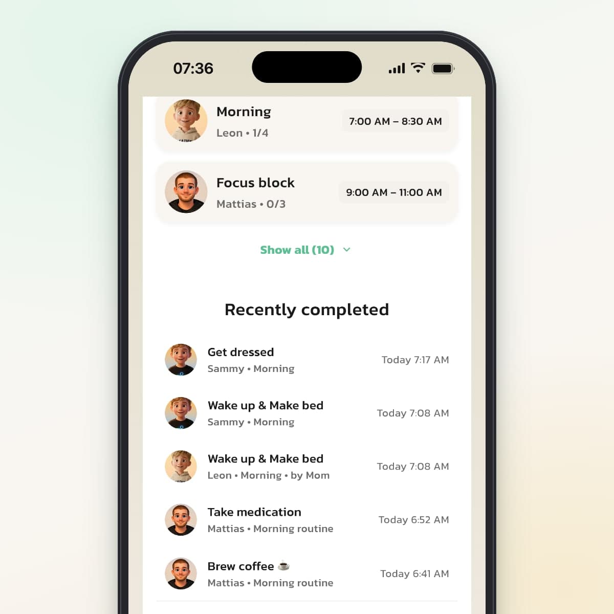 Recently completed on the home screen in Routined, with a step checked off by Mom