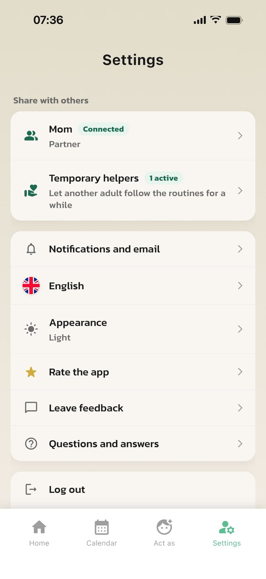 Share with others in Routined's settings, with a connected partner and a temporary helper