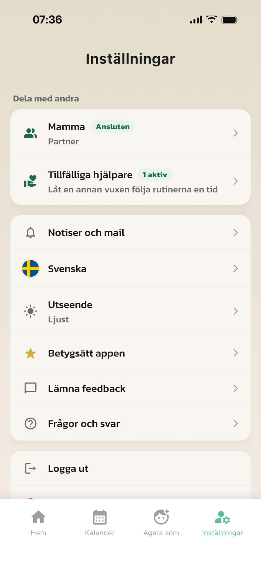 Dela med andra i Rutinerads inställningar, med en ansluten partner och en tillfällig hjälpare