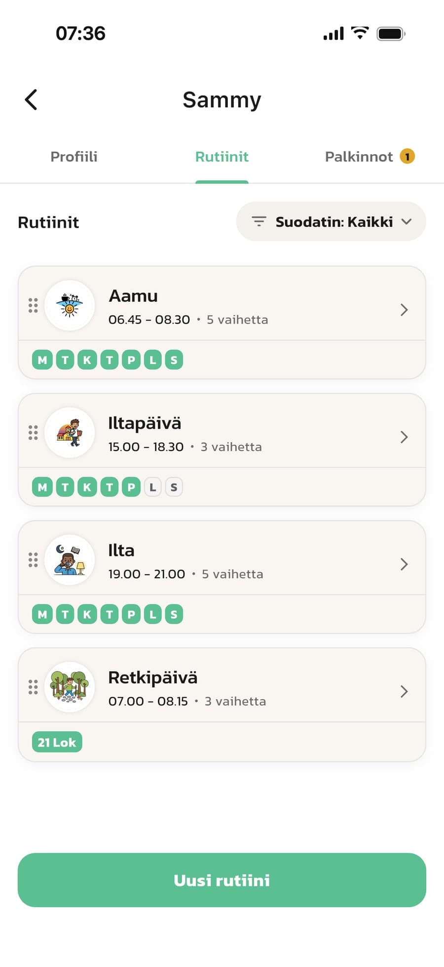 Sammyn rutiinit Routinedissa: Aamu, Iltapäivä ja Ilta aikoineen ja viikonpäivineen sekä Retkipäivä