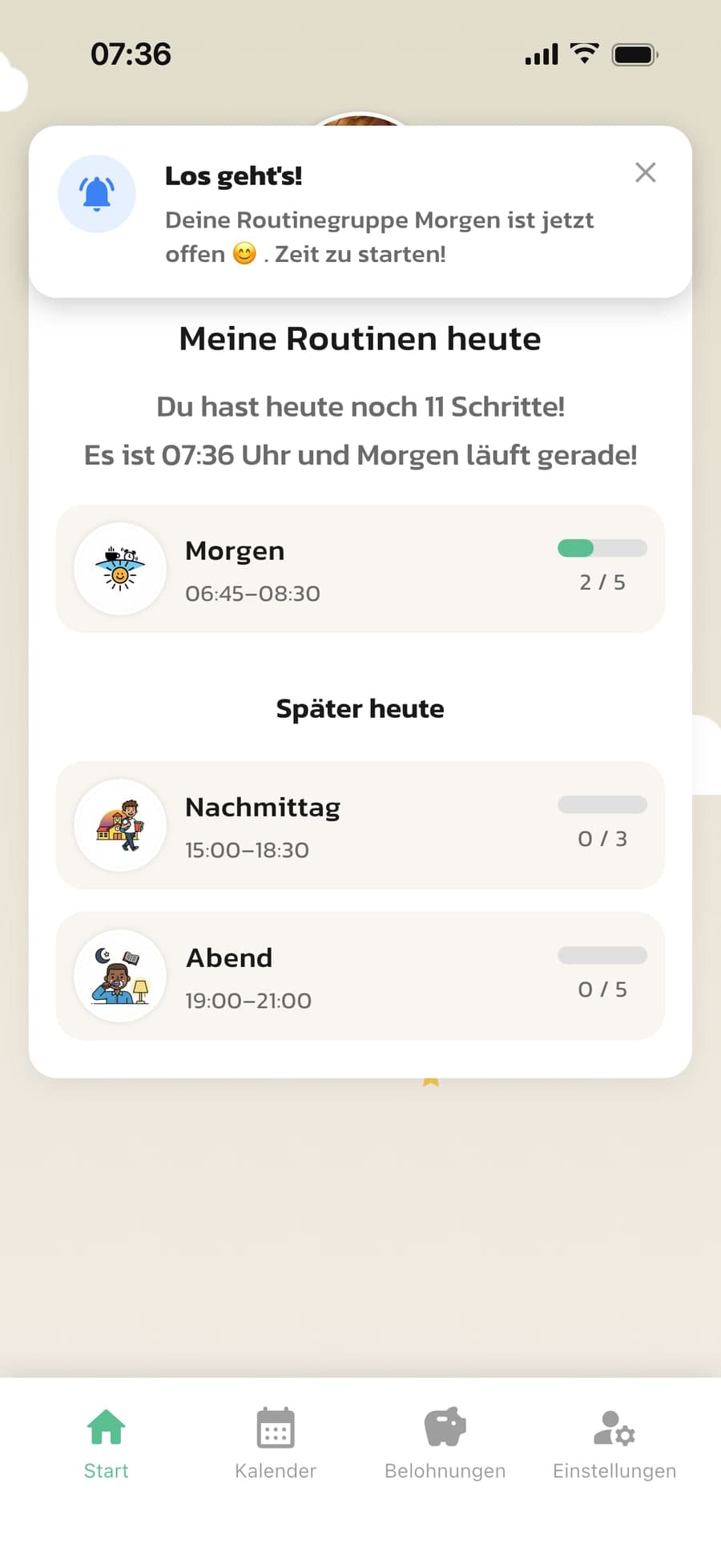 Die Startseite des Kindes in Routined mit der Benachrichtigung Los geht's! zu Beginn der Morgenroutine